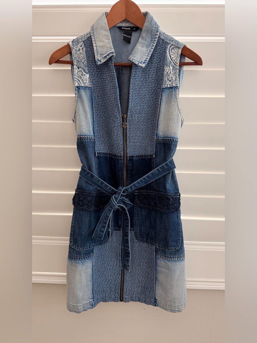 Desigual Blue Patchwork Denim Dress with Waist Tie